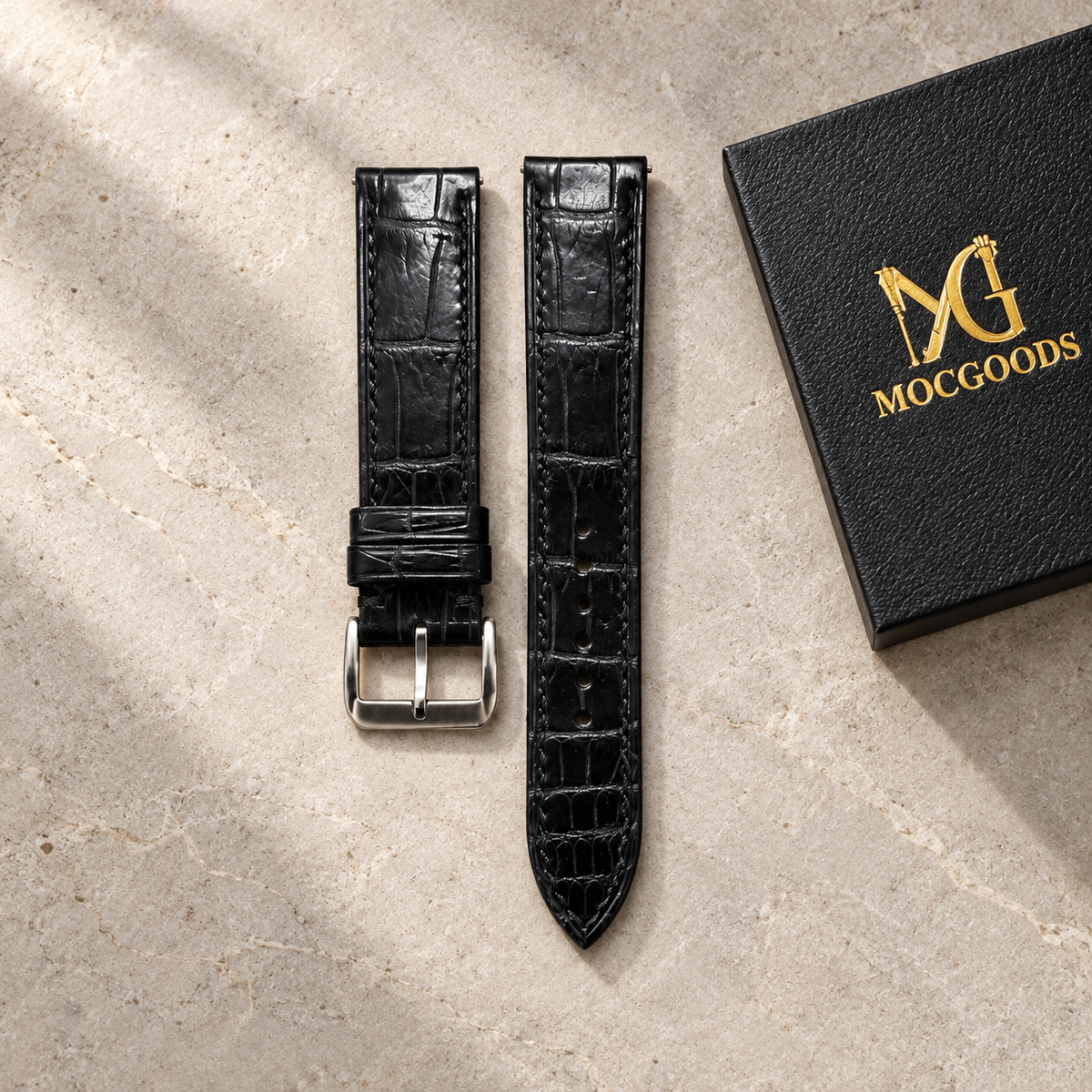 Customizable Black Alligator Leather Watch Strap