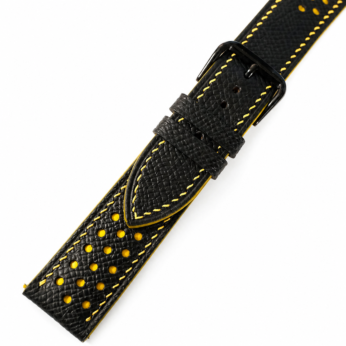 Padded Black Yellow Racing Holes Rally Epsom Leather Watch Strap, worn on the wrist