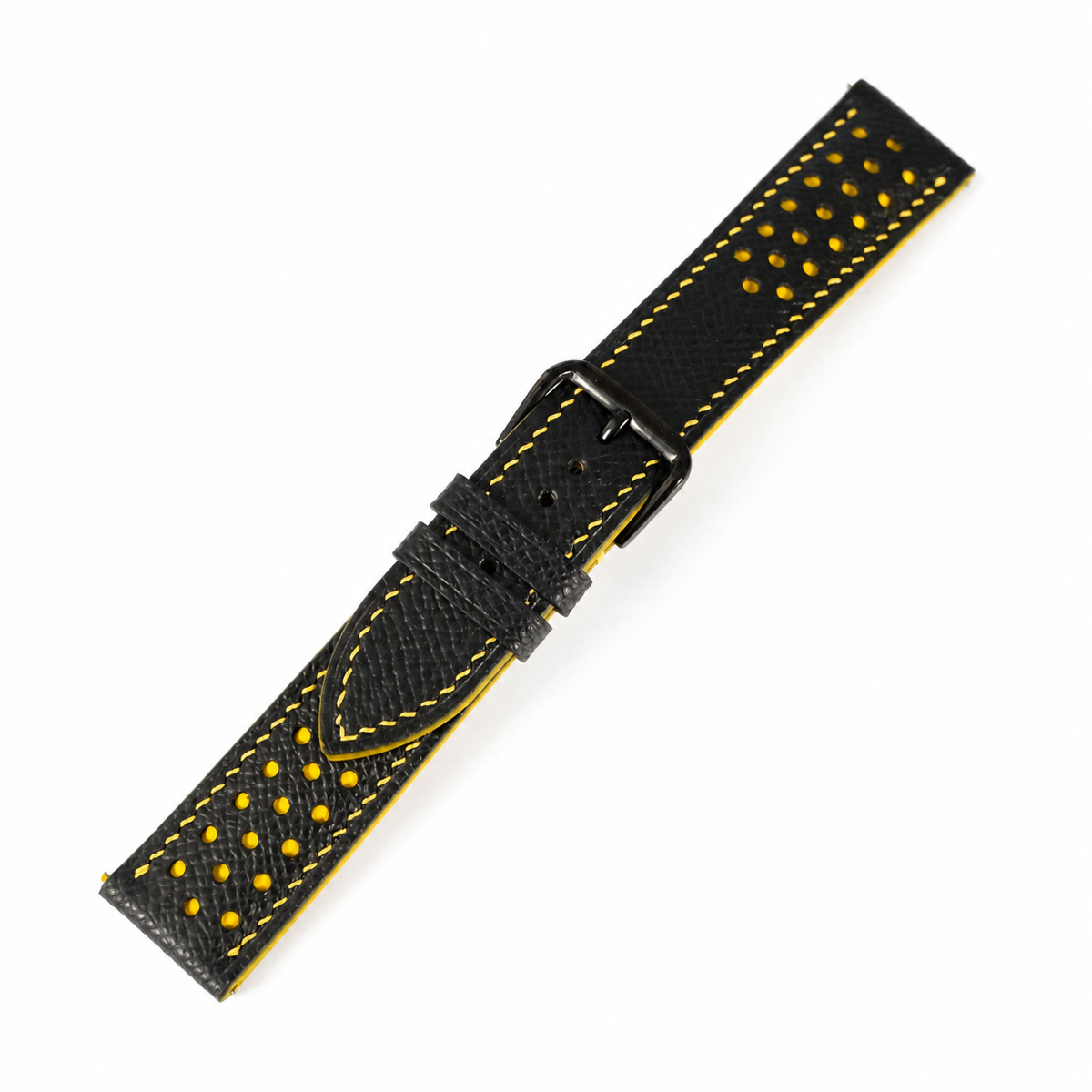 Padded Black Yellow Racing Holes Rally Epsom Leather Watch Strap, close-up of the racing holes and yellow stitching