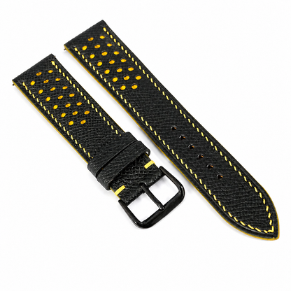 Padded Black Yellow Racing Holes Rally Epsom Leather Watch Strap, styled detail shot