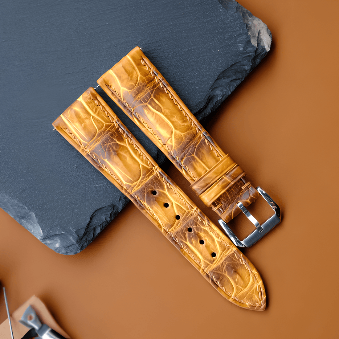 Yellow Patina Alligator Leather Watch Strap photo 2
