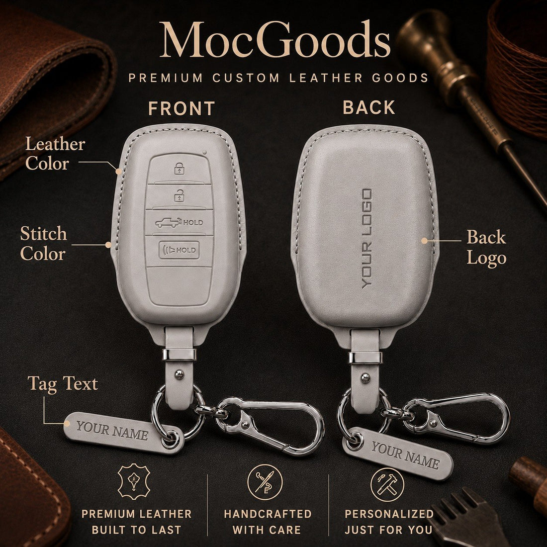 Custom leather key fob - Full Cover style: front and back annotated with leather color, stitch color, back logo, personalized tag text