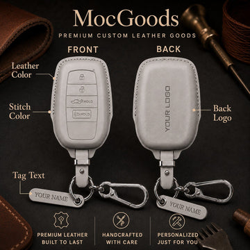 Custom leather key fob - Full Cover style: front and back annotated with leather color, stitch color, back logo, personalized tag text