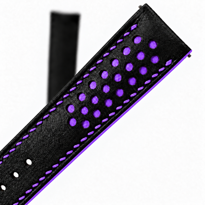Black and Purple Racing Holes Rally Swift Leather Watch Strap - side profile purple edge