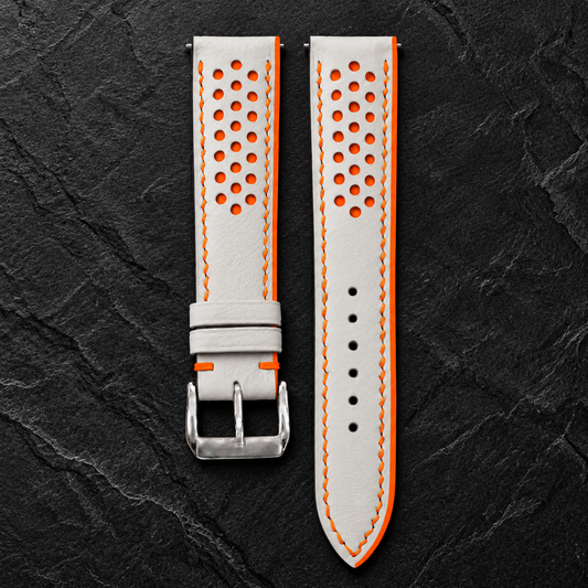 Milky White and Orange Racing Holes Rally Swift Leather Watch Strap - hero