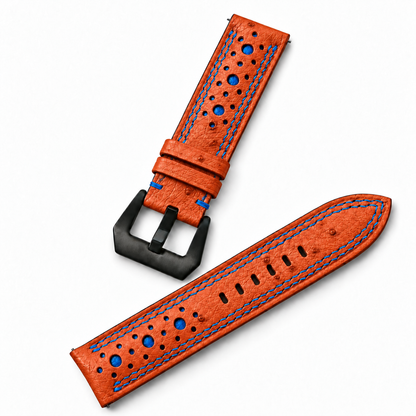 Orange and Blue Ostrich Racing Large Holes Leather Watch Strap - Double Stitch - detail 6