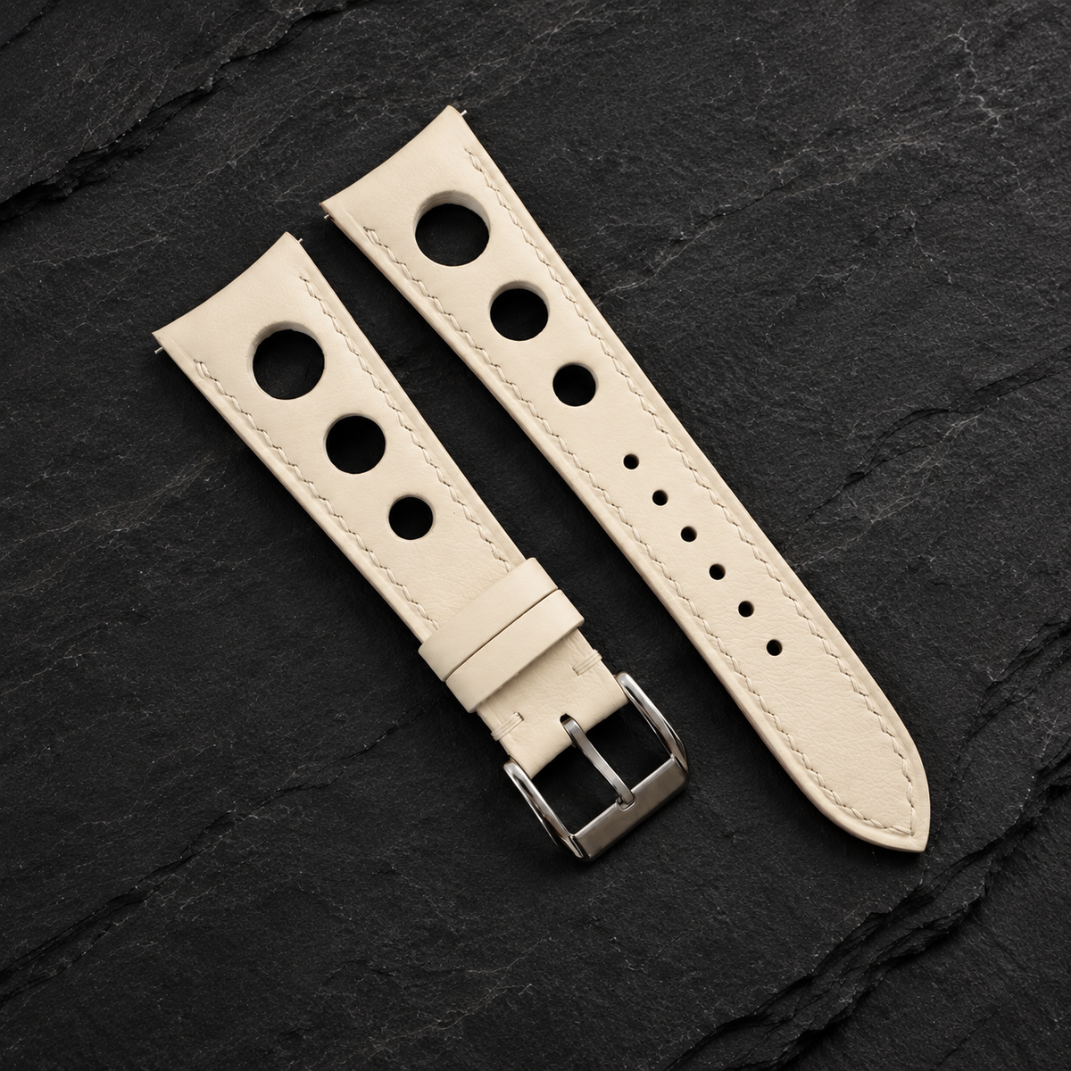 Milky White 3 Holes Rally Swift Leather Watch Strap - buckle and keeper