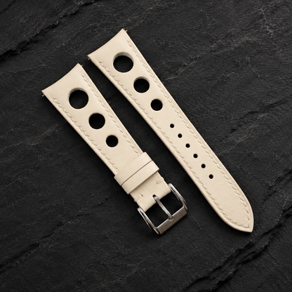 Milky White 3 Holes Rally Swift Leather Watch Strap - buckle and keeper