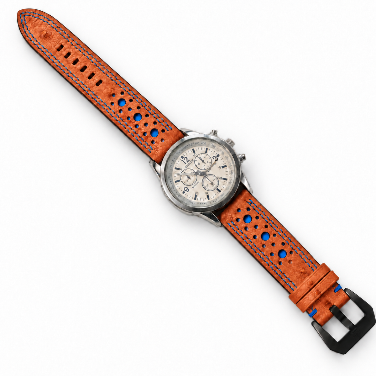 Orange and Blue Ostrich Racing Large Holes Leather Watch Strap - Double Stitch - detail 7