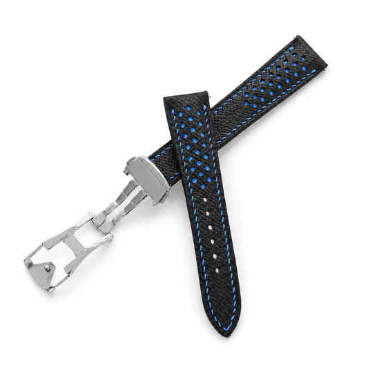 Deployant Racing Rally Black and Blue Epsom Leather Watch Strap - hero