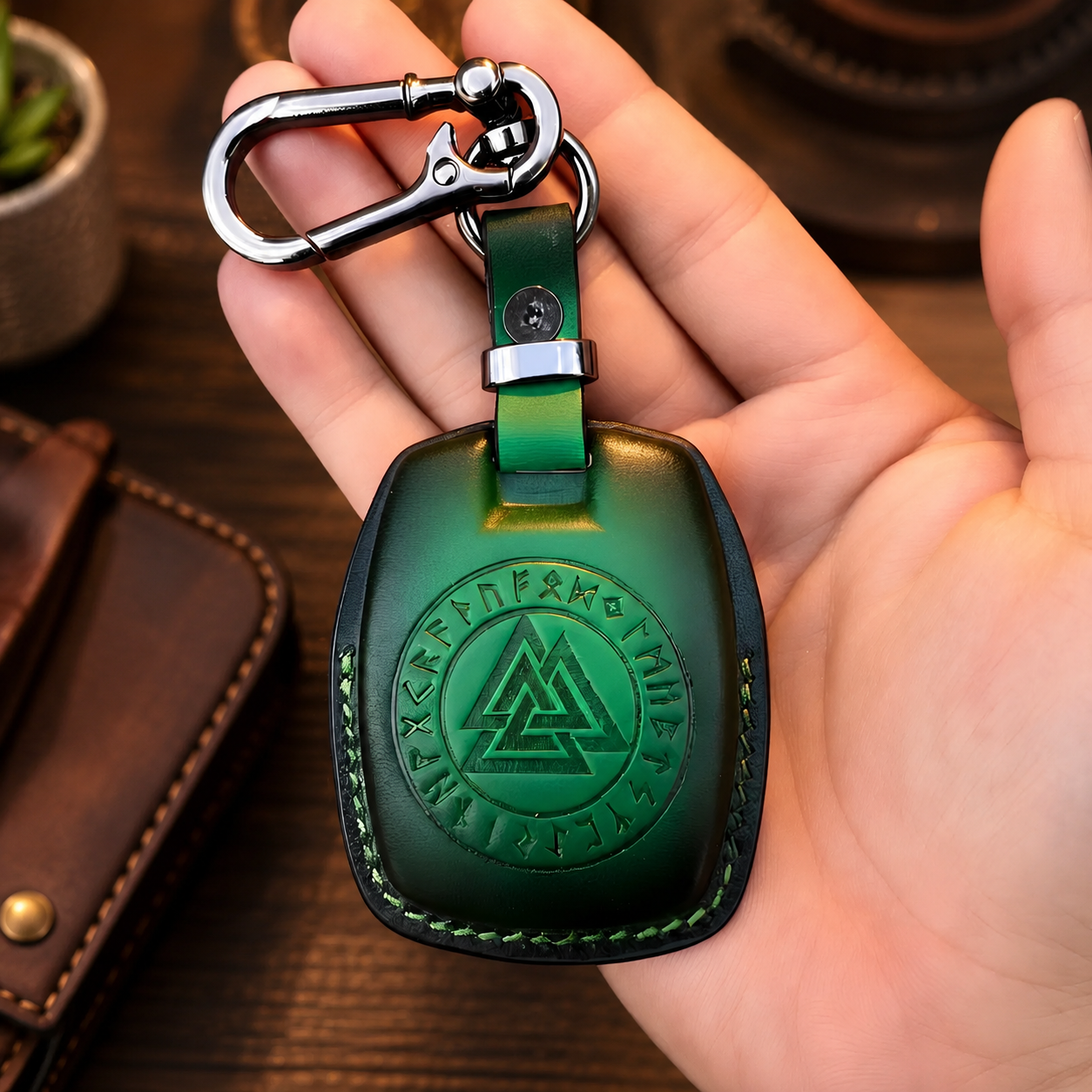 Harley-Davidson Fat Boy green leather key fob cover handmade