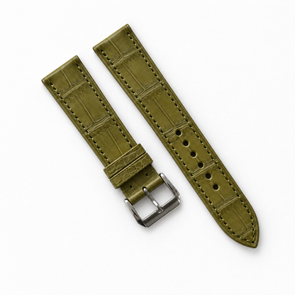 Olive Alligator Leather Watch Strap - Tonal Stitch - topside scale macro