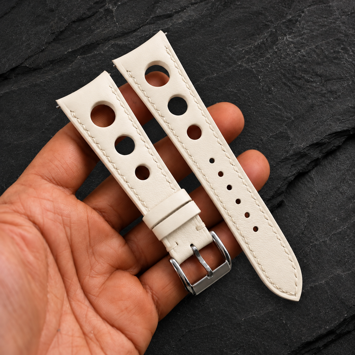 Milky White 3 Holes Rally Swift Leather Watch Strap - two piece diagonal