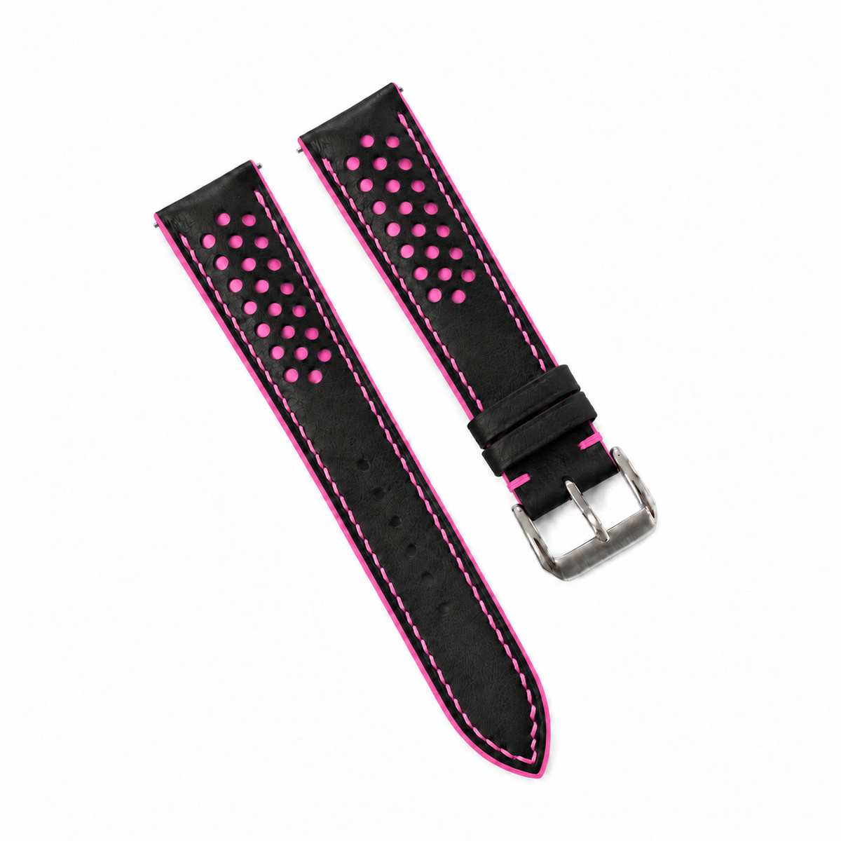 Black and Pink Racing Holes Rally Swift Leather Watch Strap - assembled on buckle