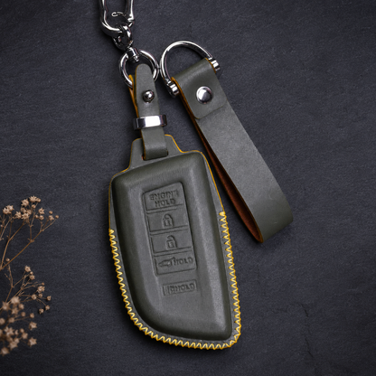 Acura RDX leather key fob cover - olive green with yellow stitching
