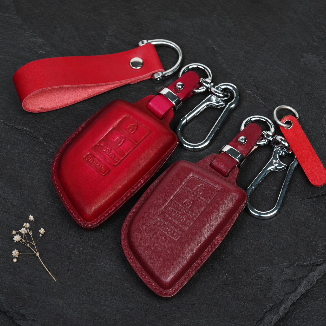 Acura leather smart key cover in burgundy and red