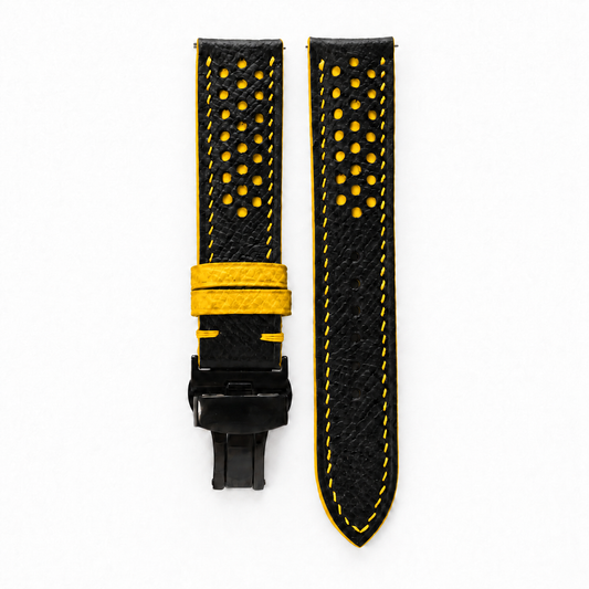 Black and Yellow Racing Holes Rally Epsom Leather Watch Strap - Yellow Keeper - hero
