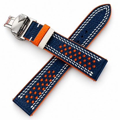 Navy and Orange Racing Holes Rally Epsom Leather Watch Strap - Double Stitch - white double stitch detail