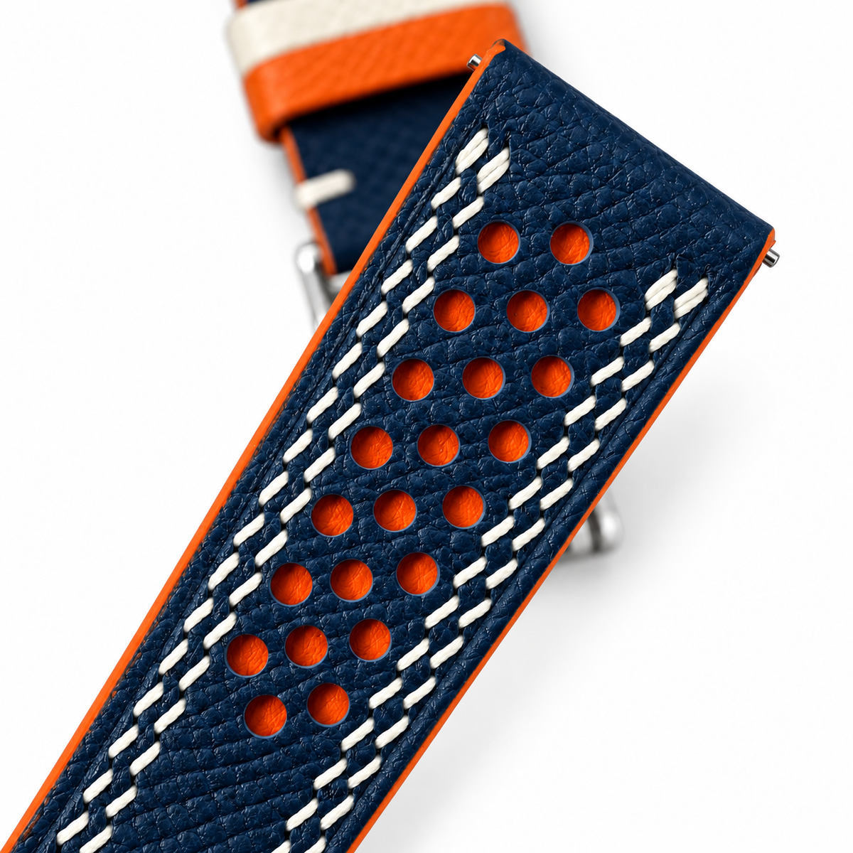 Navy and Orange Racing Holes Rally Epsom Leather Watch Strap - Double Stitch - racing holes orange underlay macro
