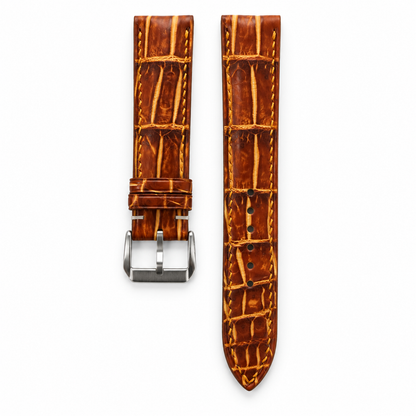 Amber Brown Patina Alligator Leather Watch Strap with steel buckle
