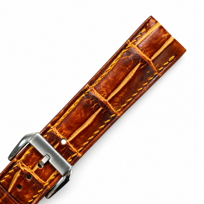 Amber Brown Patina Alligator strap buckle area macro