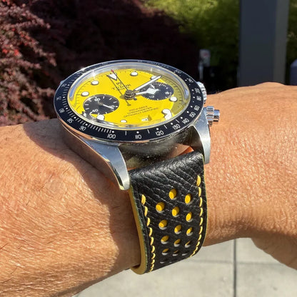 Padded Black Yellow Racing Holes Rally Epsom Leather Watch Strap