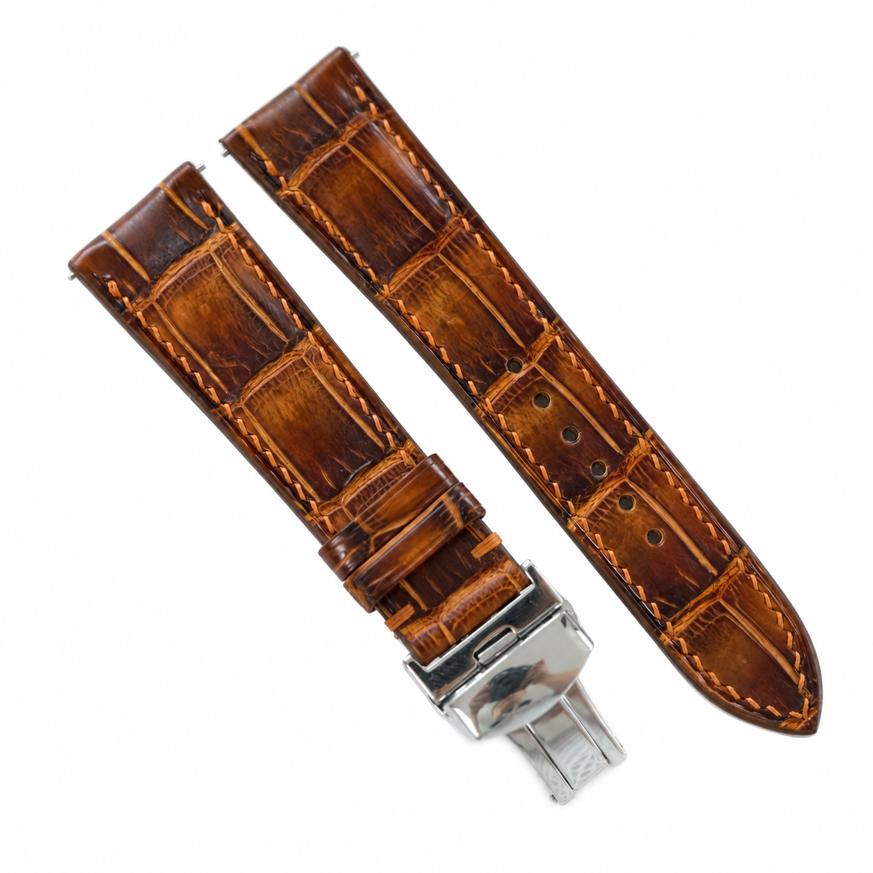 Antique Cognac Brown Patina Alligator Leather Watch Strap - hero