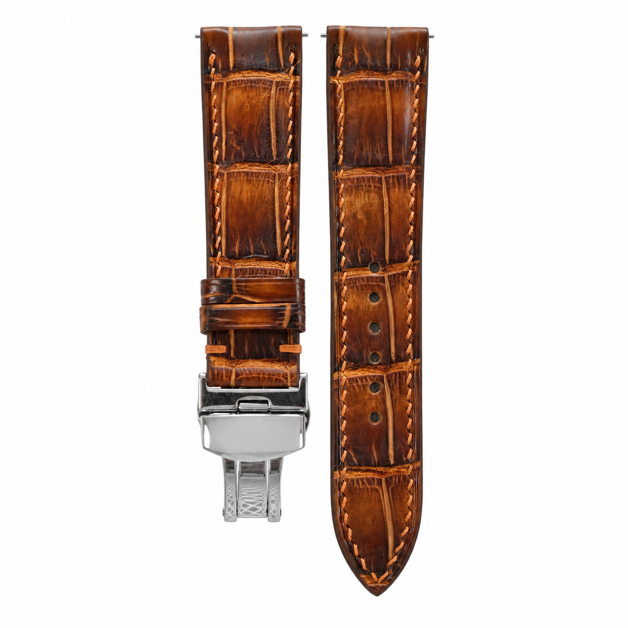 Antique Cognac Brown Patina Alligator Leather Watch Strap - side view