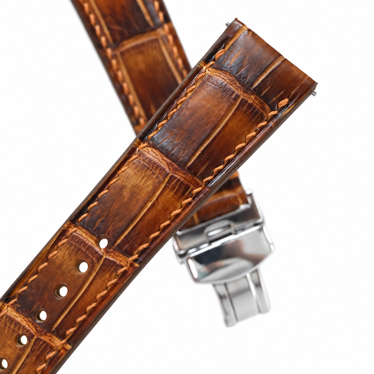 Antique Cognac Brown Patina Alligator Leather Watch Strap - side profile