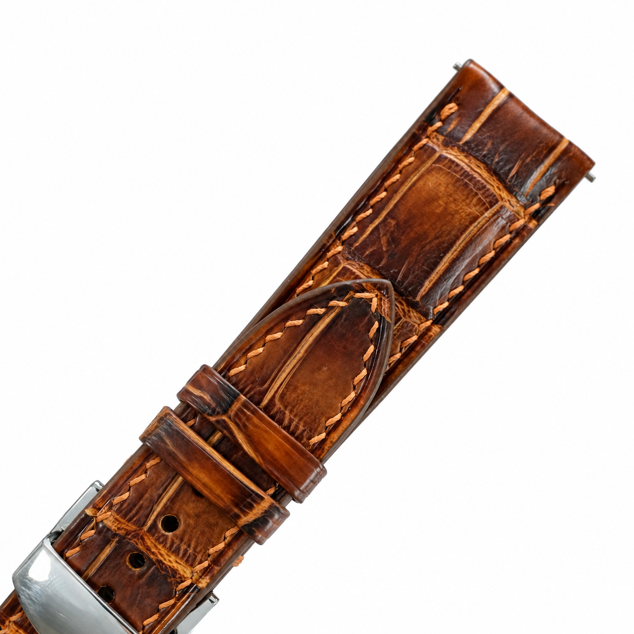 Antique Cognac Brown Patina Alligator Leather Watch Strap - buckle and edge