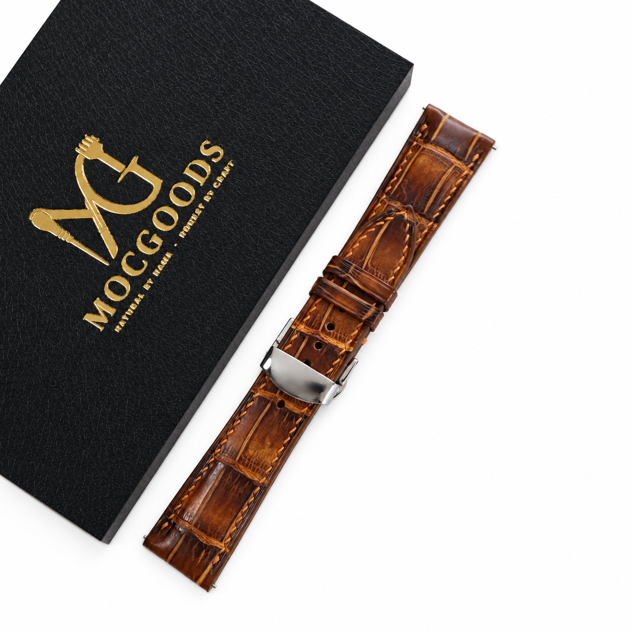 Antique Cognac Brown Patina Alligator Leather Watch Strap - on wrist