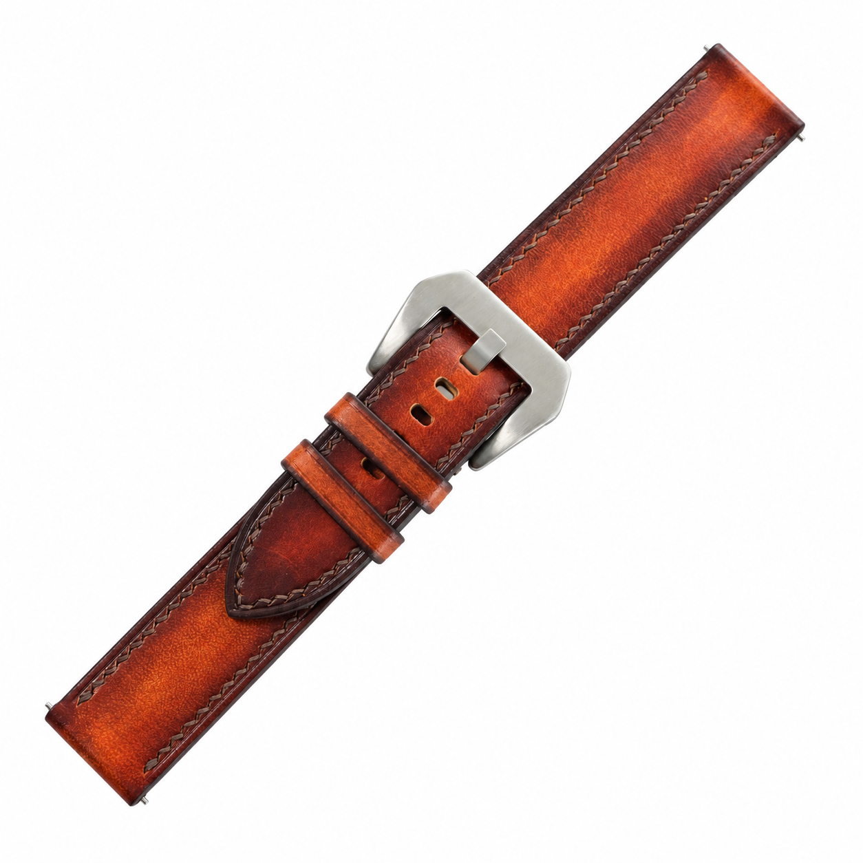 Antique Cognac Patina Vegetable Tanned Leather Watch Strap - assembled on buckle