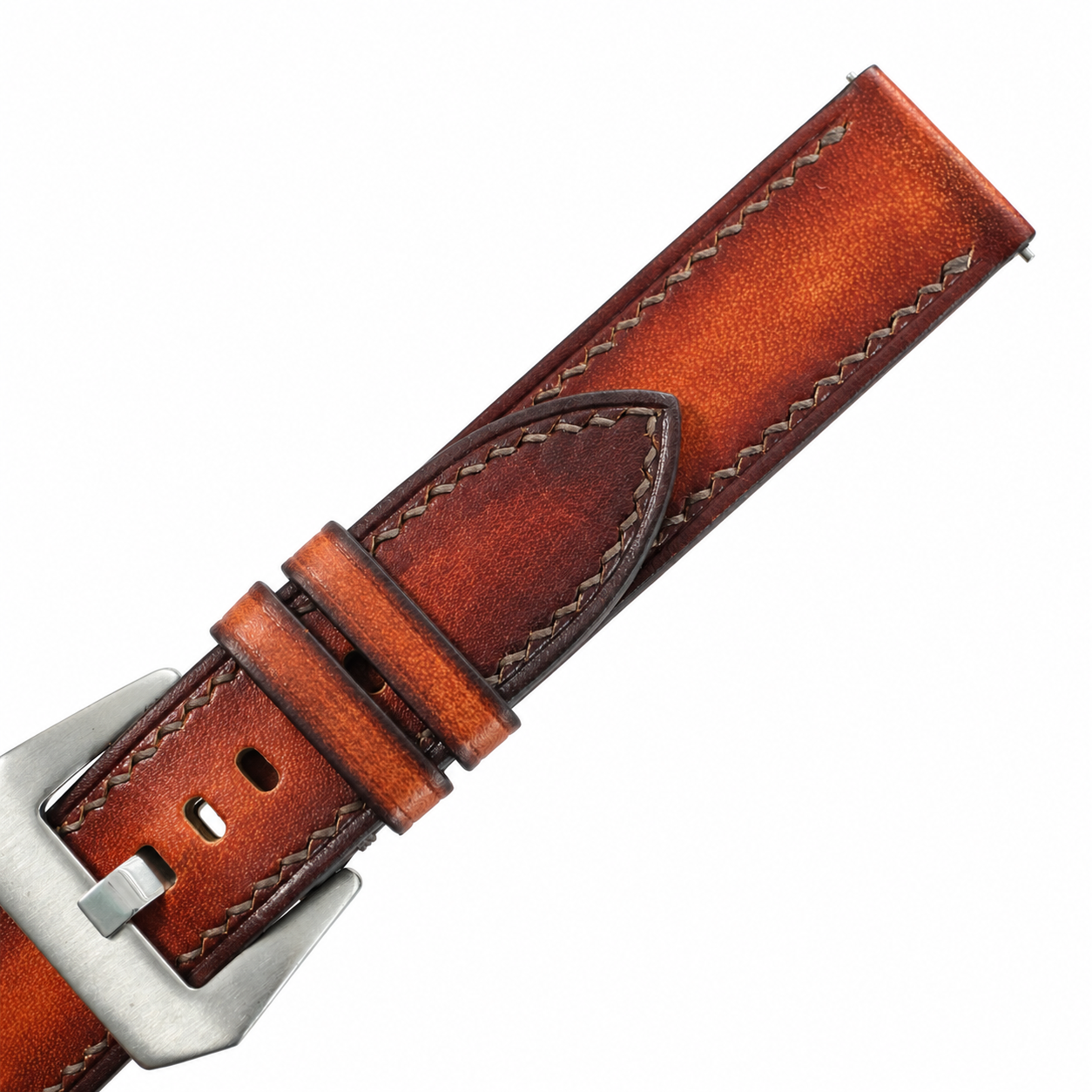 Antique Cognac Patina Vegetable Tanned Leather Watch Strap - buckle and hand-stitching detail