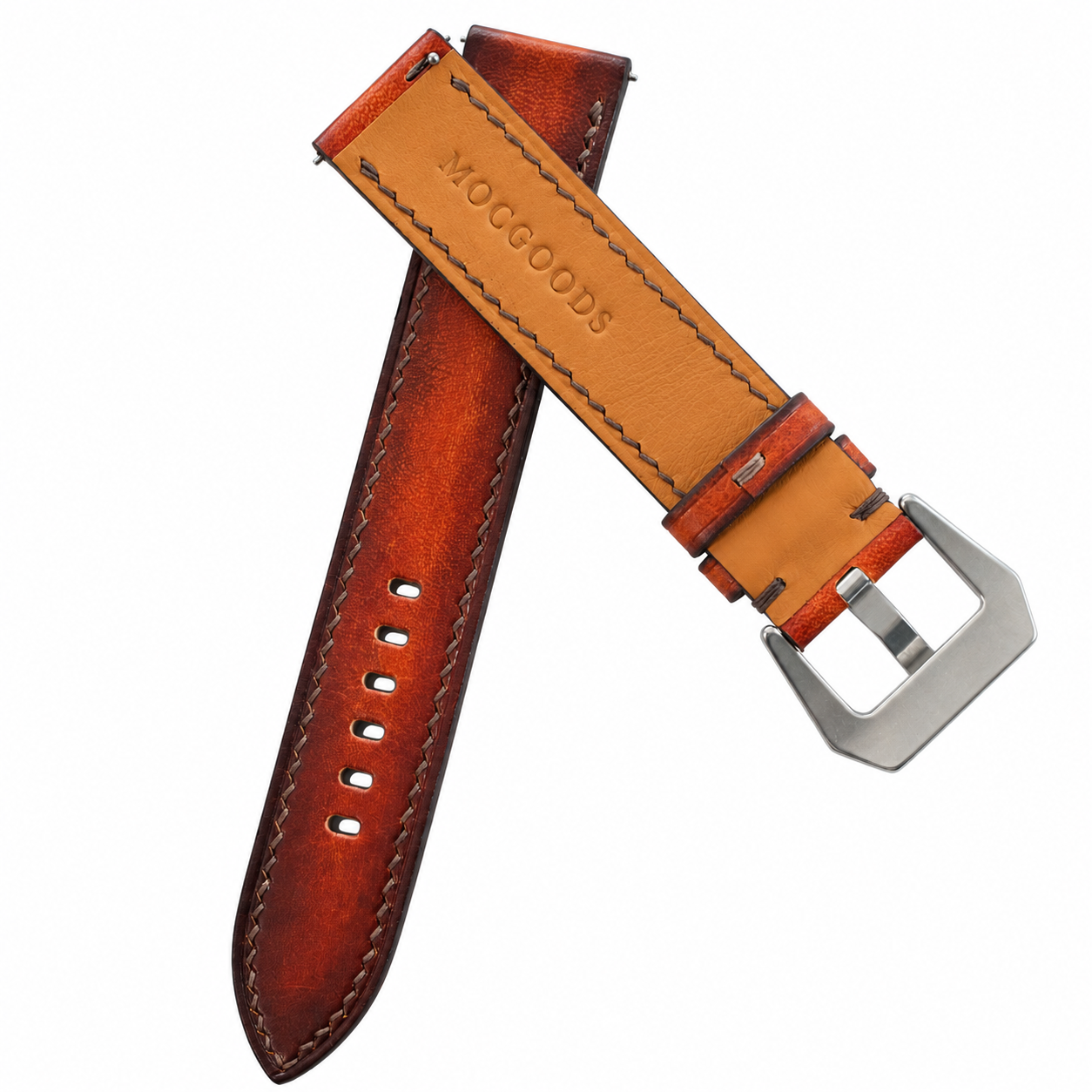 Antique Cognac Patina Vegetable Tanned Leather Watch Strap - underside with Moc Goods stamp