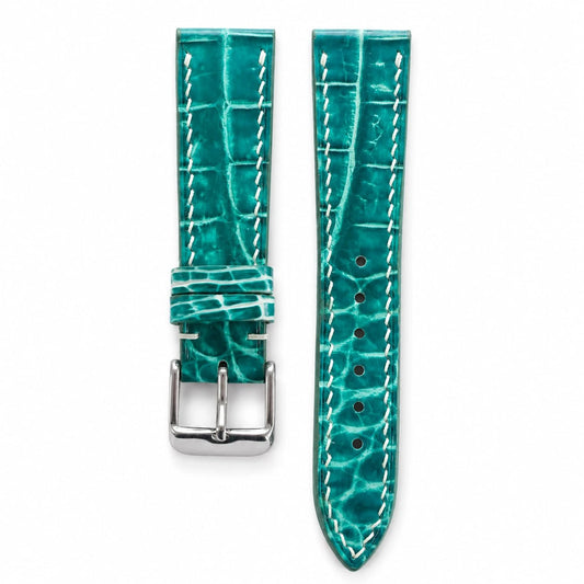 Aqua Teal Hand-patina Alligator Leather Watch Strap