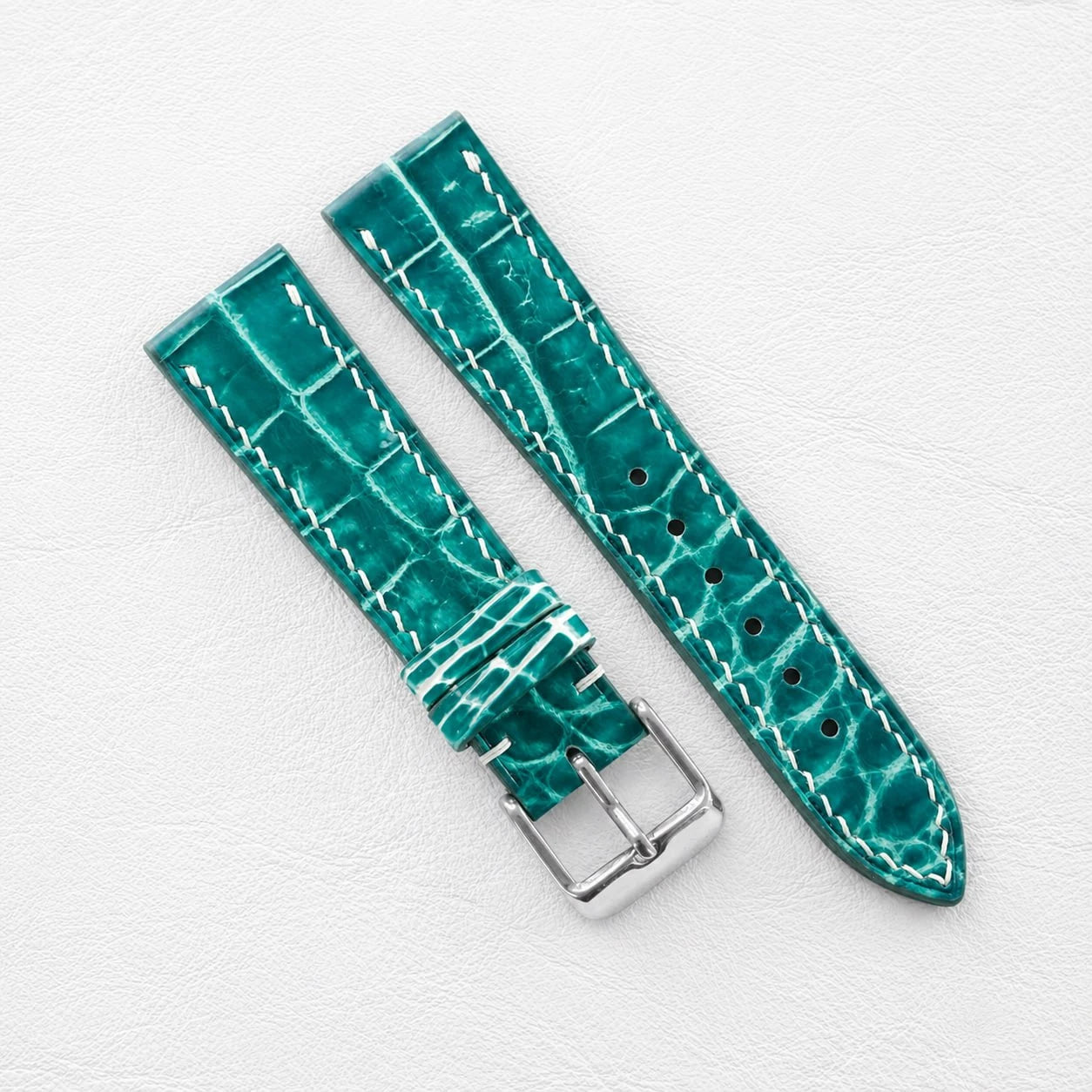 Aqua Teal Hand-patina Alligator Leather Watch Strap
