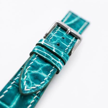 Aqua Teal Hand-patina Alligator Leather Watch Strap