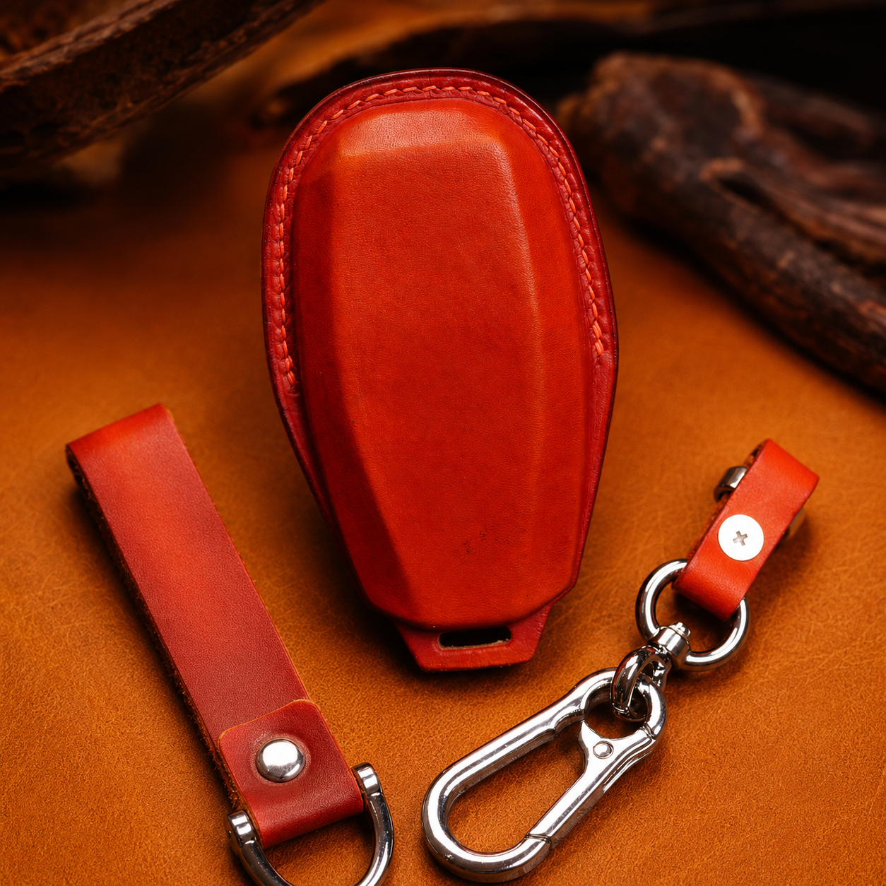 Aston Martin red leather key fob cover detail