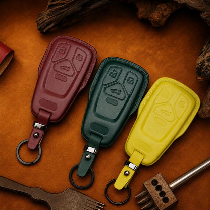Leather key fob cover for Audi A4 A5 A6 A7 A8 - burgundy, green and yellow