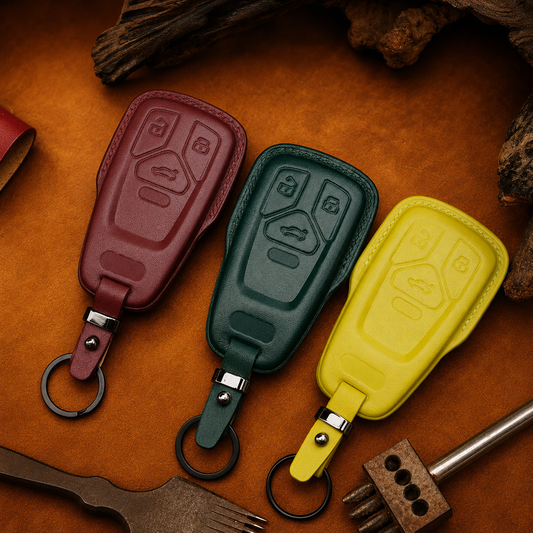 Leather key fob cover for Audi A4 A5 A6 A7 A8 - burgundy, green and yellow