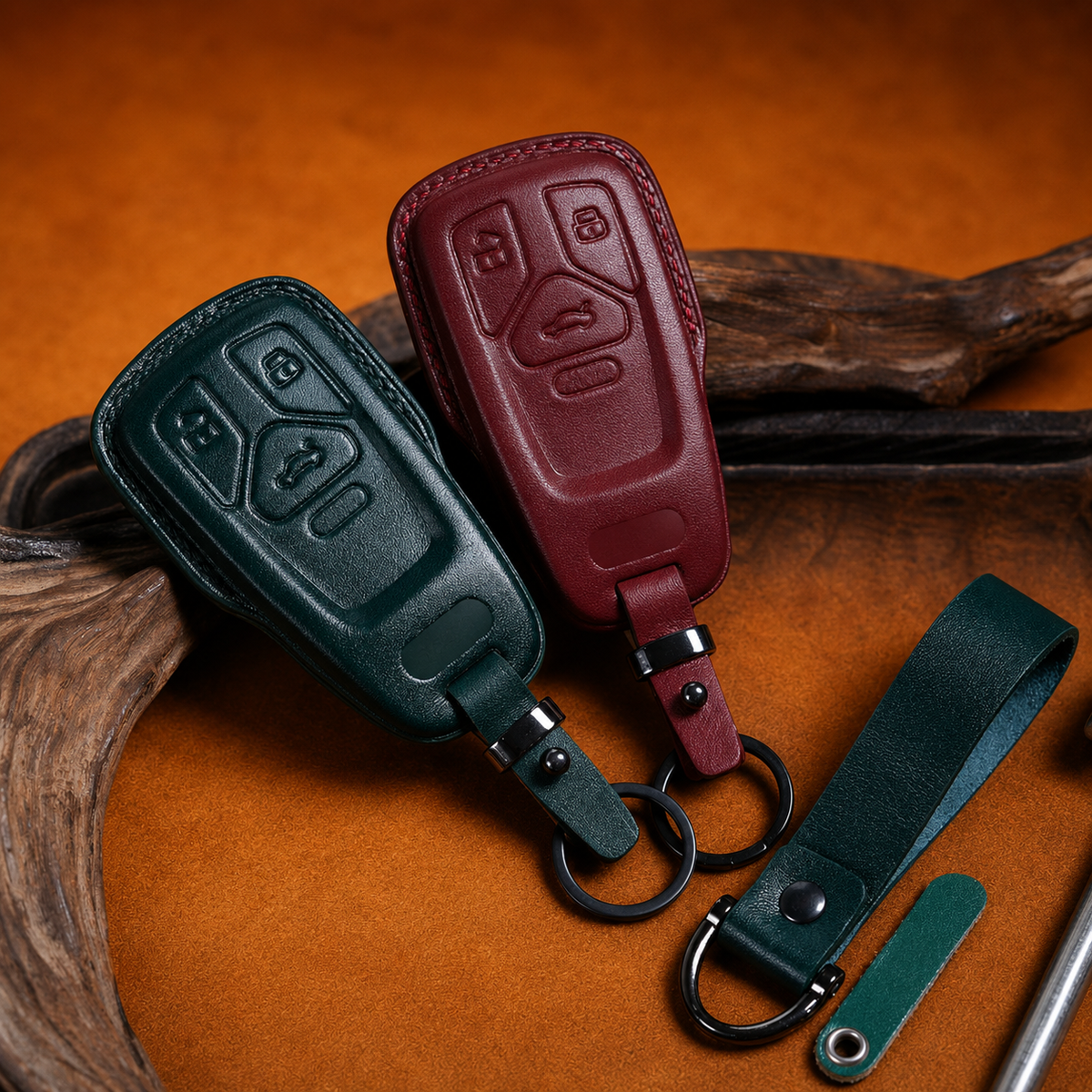Audi leather smart key covers - green and burgundy pair with keychain