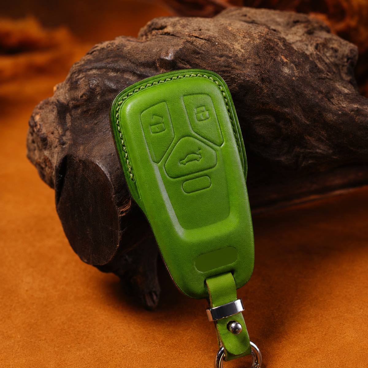 Green leather Audi A4 key fob cover - 4-button smart key front