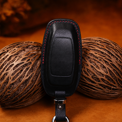 Black leather Audi key fob cover - back view with red stitching