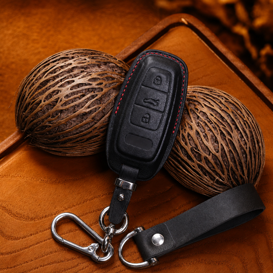 Black leather key fob cover with red stitching for Audi e-tron, e-tron GT, Q4, Q6, Q8