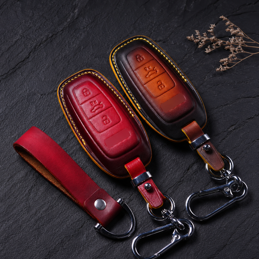Audi Q-Series leather key fob cover - red and brown smart key case
