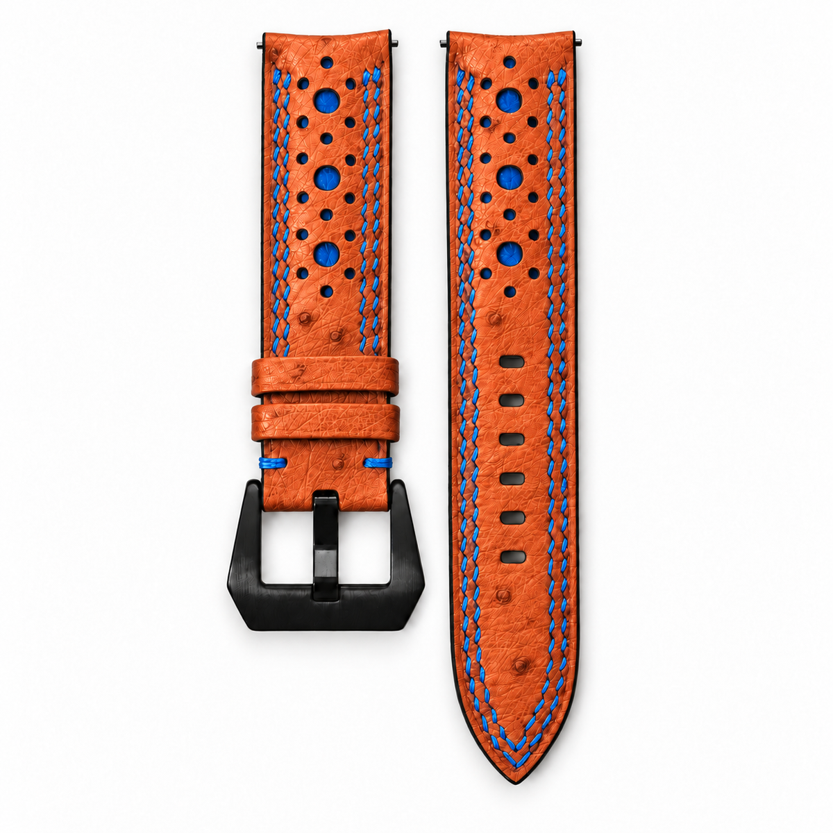 Orange and Blue Ostrich Racing Large Holes Leather Watch Strap - Double Stitch - detail 2