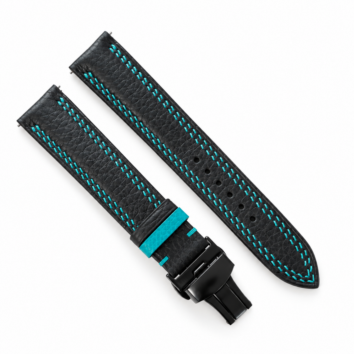 Black Togo Turquoise Double Stitch Leather Watch Strap - black Togo grain
