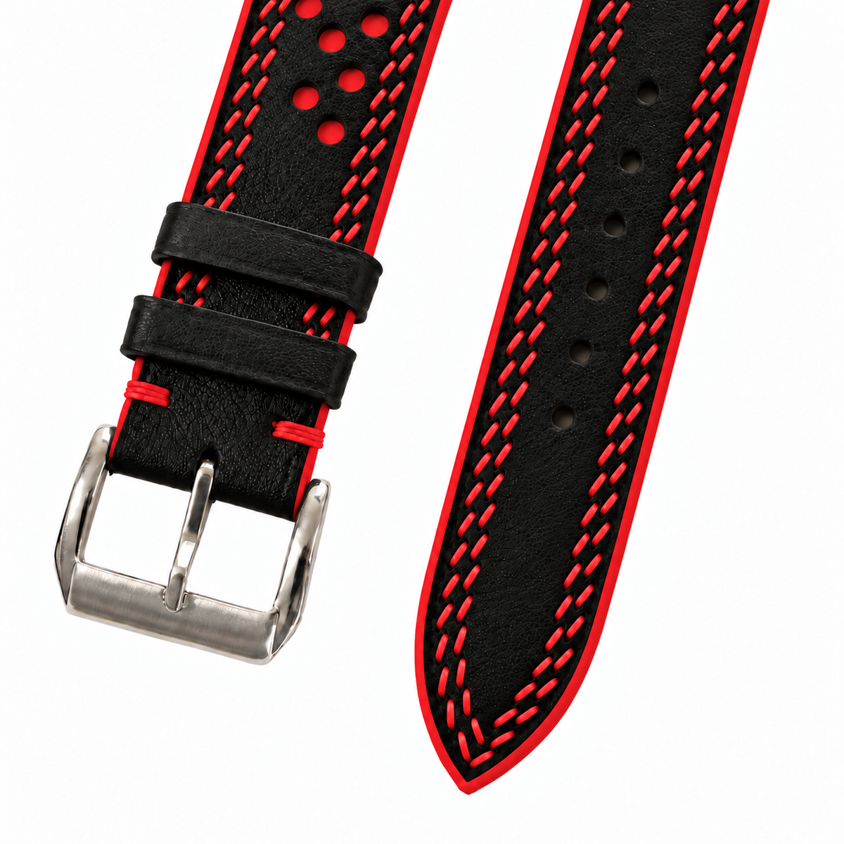 Black and Red Racing Holes Rally Swift Leather Watch Strap - Double Stitch - double red stitch buckle detail