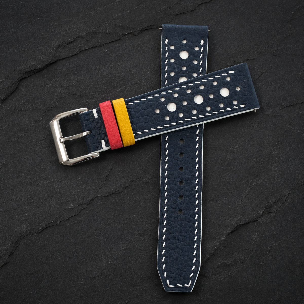 Navy and white large-hole racing rally Togo watch strap, both halves with red and yellow racing keepers
