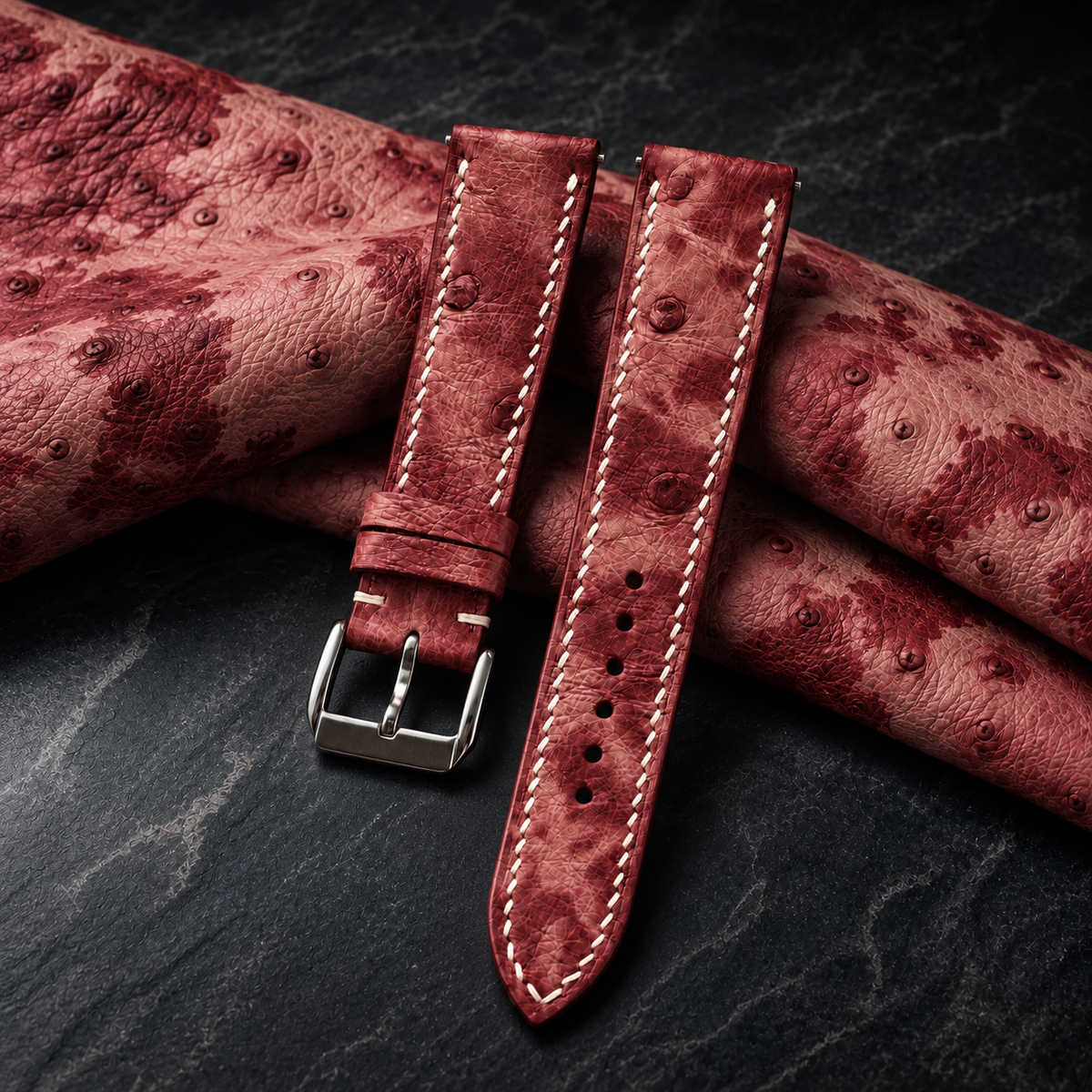 Burgundy Marble Ostrich Leather Watch Strap - hero